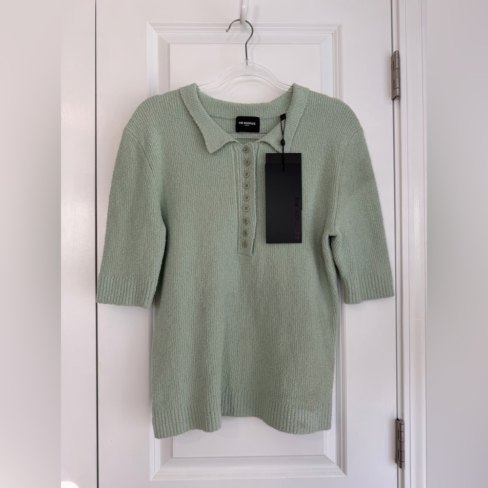 The Kooples Paris Embroidered Bouquet Polo Short Sleeve Shirt Green Size 4 NWT
